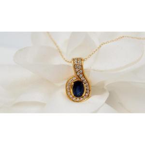 Pendant And Chain In Yellow Gold, Sapphire And Diamonds