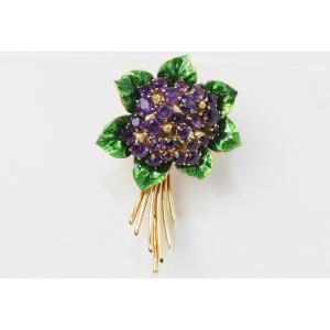 Brooch In Yellow Gold, Amethyst And Email