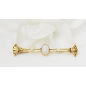 Barrette Brooch In Yellow Gold Opal And Pearls