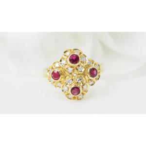 Bague Marguerite En Or Jaune, Rubis Et Diamants