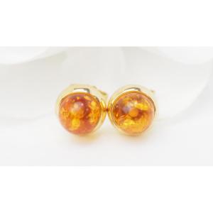 Boucles d'Oreilles En Or Jaune Et Cabochon d'Ambre