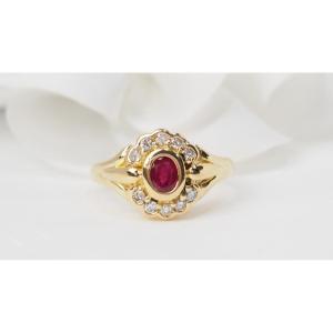  Marguerite Ring In Yellow Gold, Ruby And Diamonds