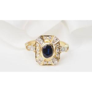 Vintage Yellow Gold, Sapphire And Oval Diamond Ring