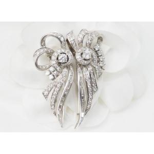 Broche Art Déco Double Clips En Or Blanc Et Platine, Diamants