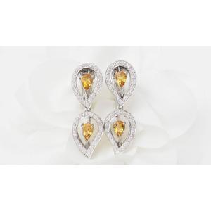 Pendants d'Oreilles En Or Blanc, Citrines Et Diamants