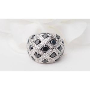 Bague Jonc En Or Blanc Et Diamants Blancs Et Noirs