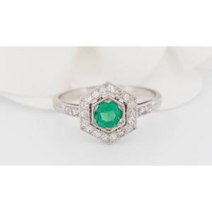 Hexagonal Ring In Platinum, Emerald And Diamonds