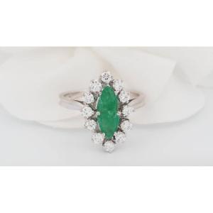 Marquise Ring In White Gold, Emerald And Diamonds