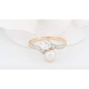 You And Me Ring In 18kt Two-tone Gold, Diamonds And Cultured Pearl