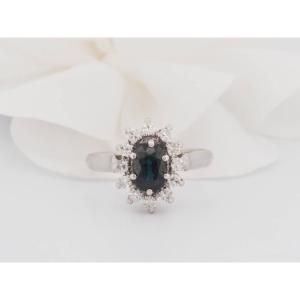 Bague Marguerite En Or Blanc, Saphir Ovale Et Diamants