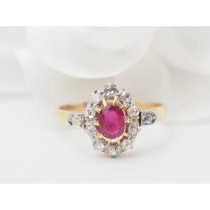 Antique Ring In Yellow Gold, Ruby And Diamonds