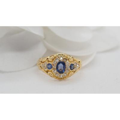 Bague Vintage En Or Jaune, Topaze Bleu Et Diamants