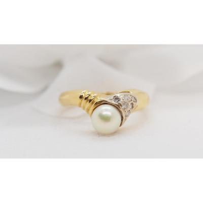 Bague En Or Jaune, Perle De Culture Et Diamants