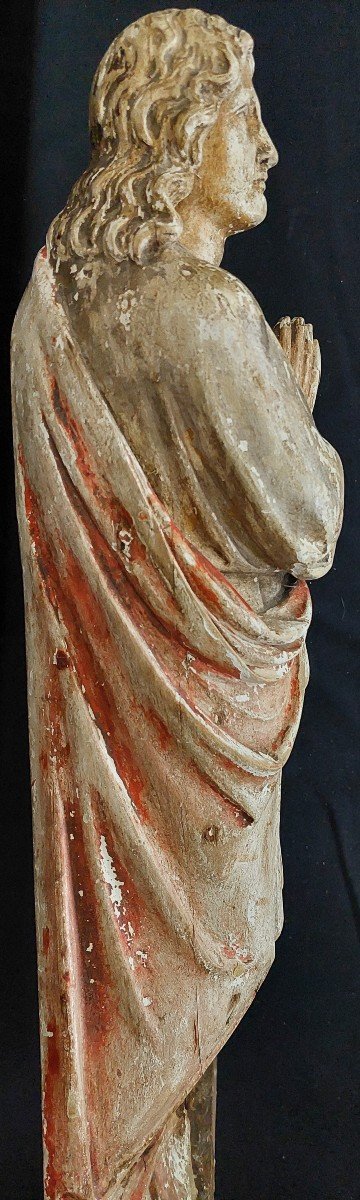 Bas-relief de la Vierge et Saint Jean en bois sculpté polychrome. Groupe de calvaire. France -photo-7