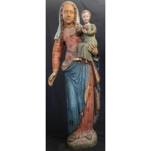 Grande Vierge à  l'Enfant en bois polychrome XVIe Siècle France ou Suisse