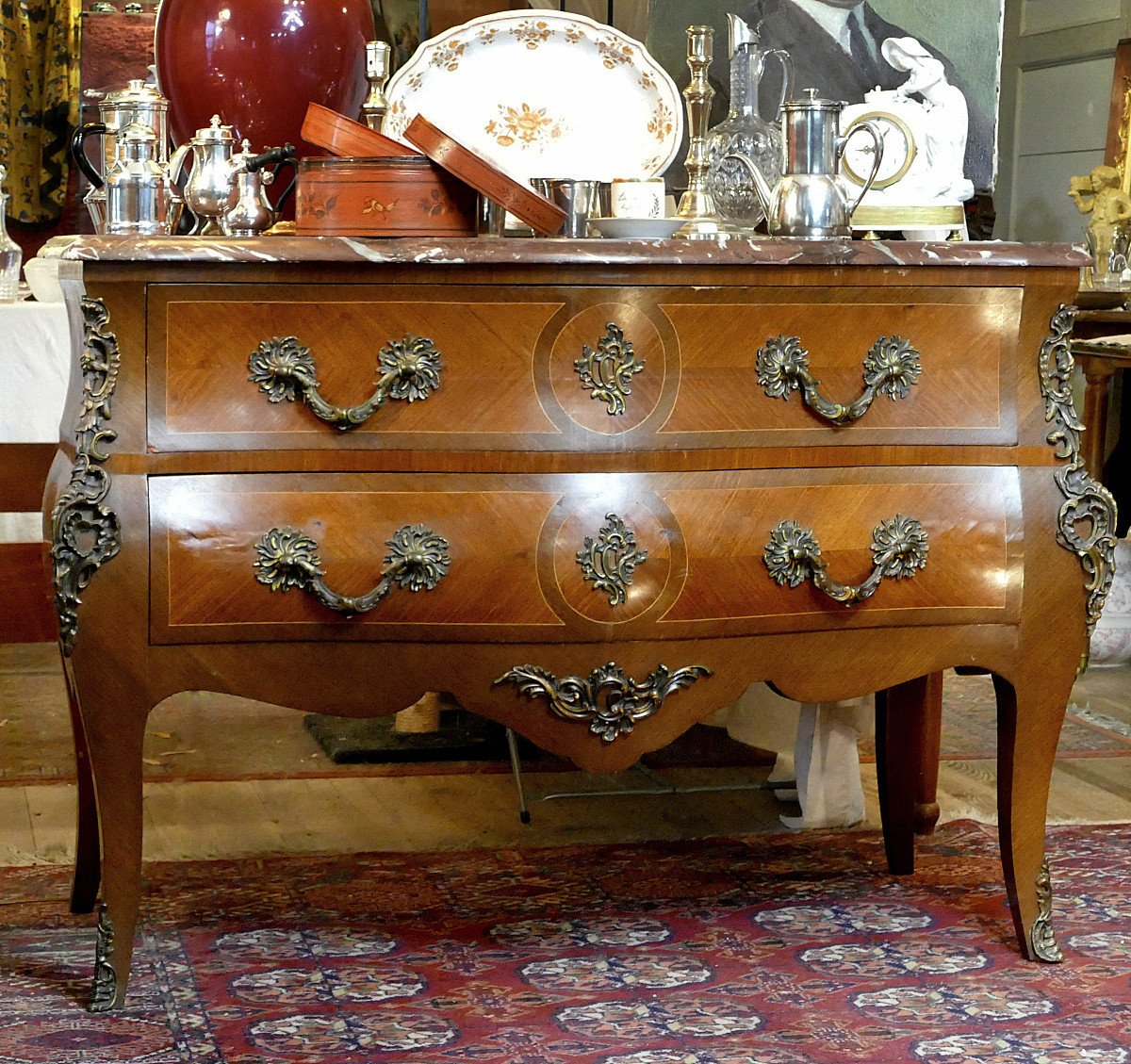 Commode Galbée En Marqueterie De Style Louis XV, XXe Siècle.-photo-2