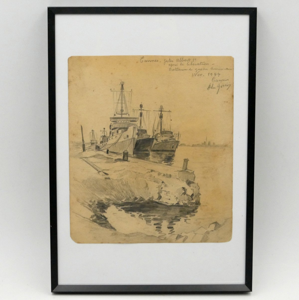 “cannes, Historical View From Albert 1st Pier, 1944”, Graphite Drawing, Alex Jorio. -photo-2