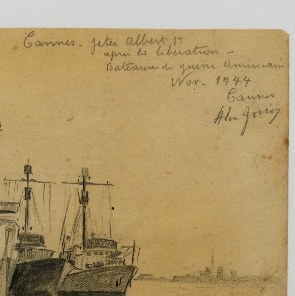 “cannes, Historical View From Albert 1st Pier, 1944”, Graphite Drawing, Alex Jorio. -photo-4