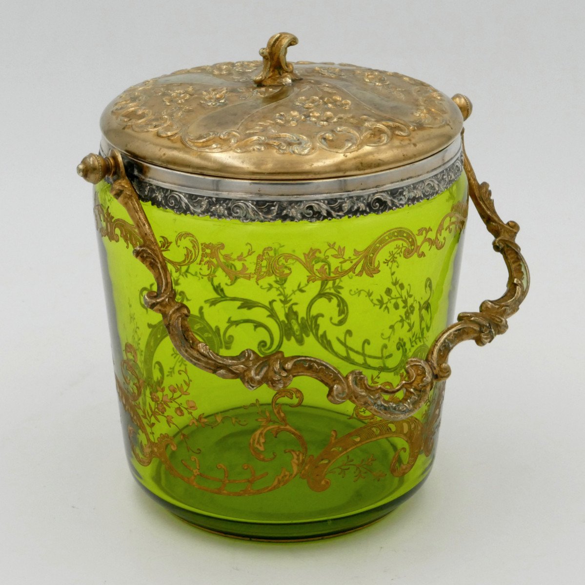 Biscuit Bucket, Pot, Art Nouveau, Silver-plated, Gilded Metal, Gold-engraved Green Glass.