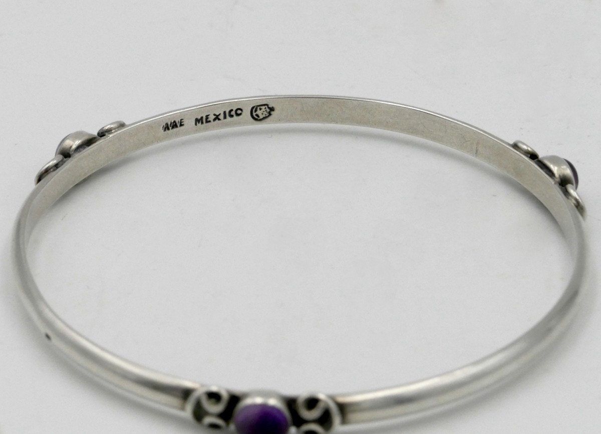 Bangle Bracelet In Sterling Silver And Amethysts, 20th Century.-photo-1