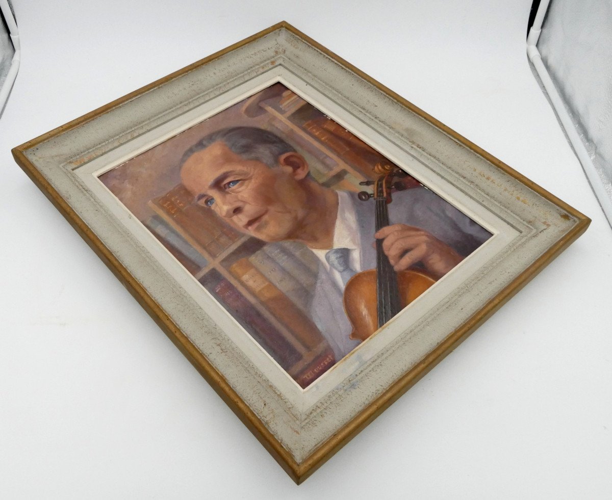 Portrait d'Homme Au Violon Sans Sa Bibliothèque, Huile 1950,  Henri Dousset. -photo-2