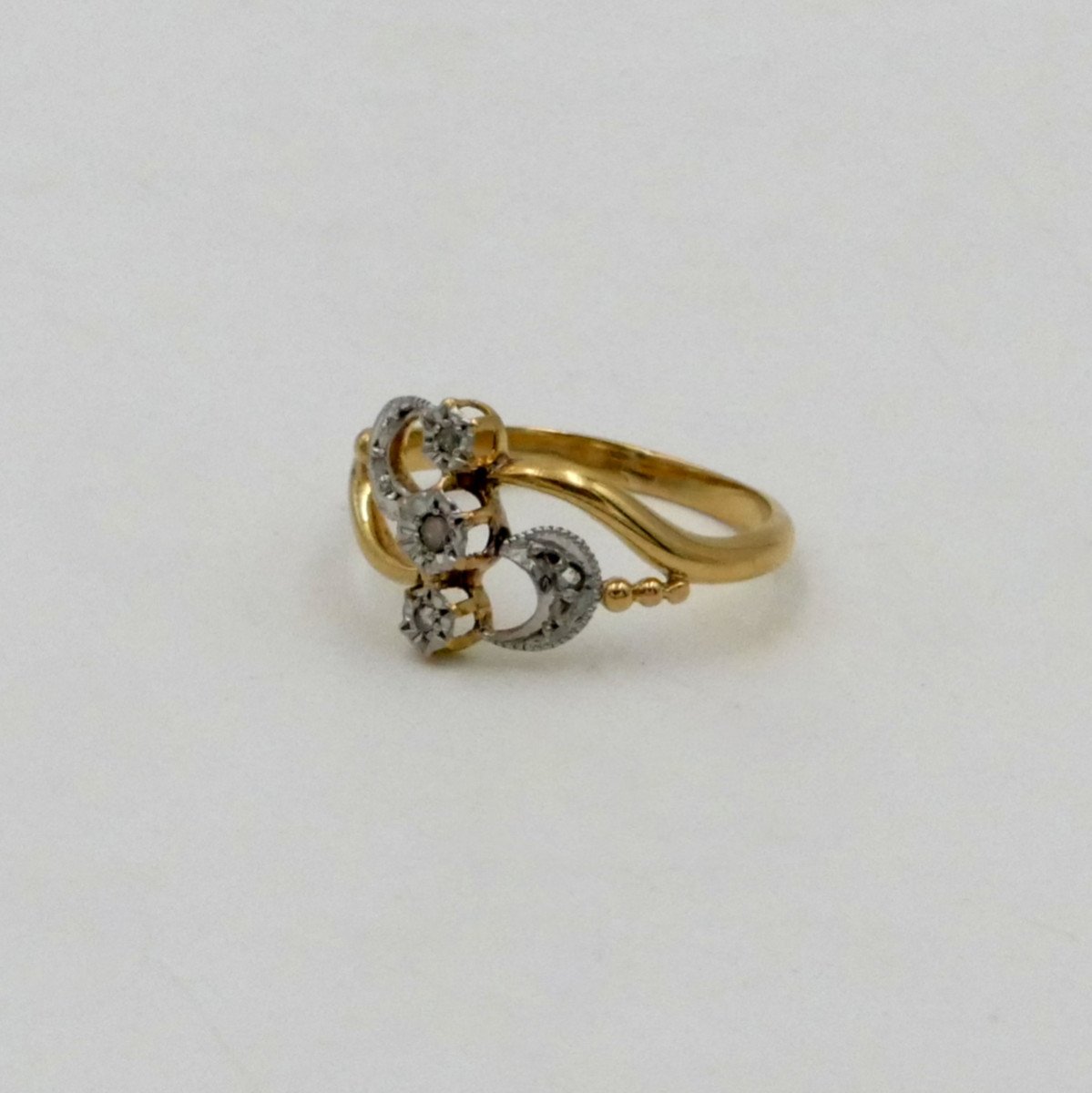 Art Nouveau Ring, Yellow Gold, White Gold, White Stones, Tdd 54.5.-photo-3