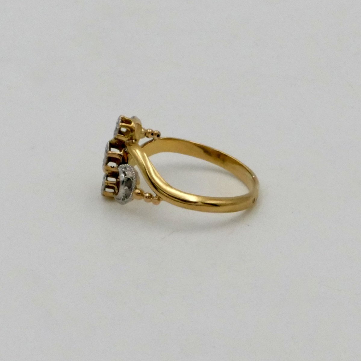 Art Nouveau Ring, Yellow Gold, White Gold, White Stones, Tdd 54.5.-photo-4