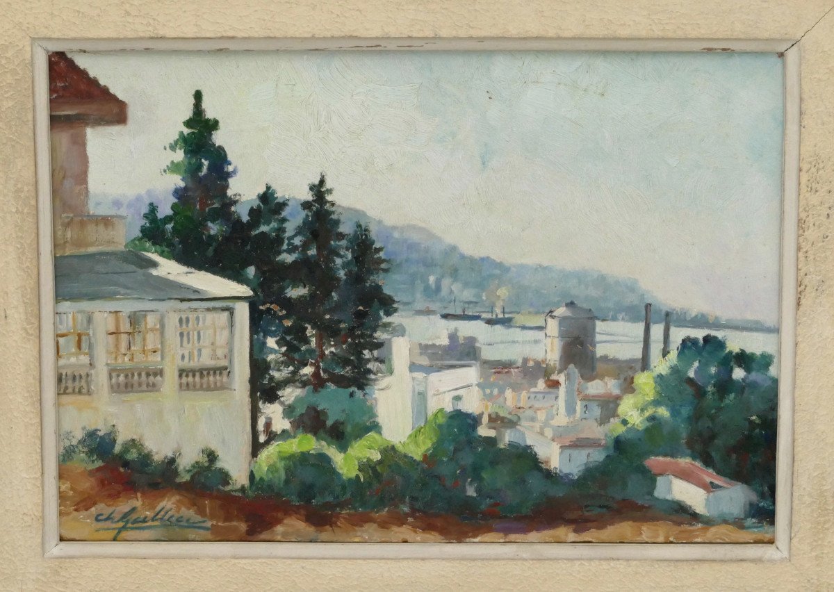 “view Of The Bay Of Algiers”, Oil Painting On Cardboard, Mid-20th Century.-photo-2