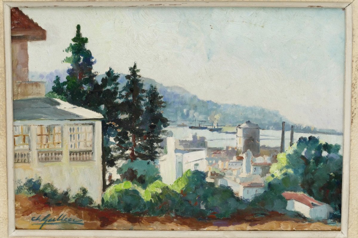 “view Of The Bay Of Algiers”, Oil Painting On Cardboard, Mid-20th Century.-photo-3