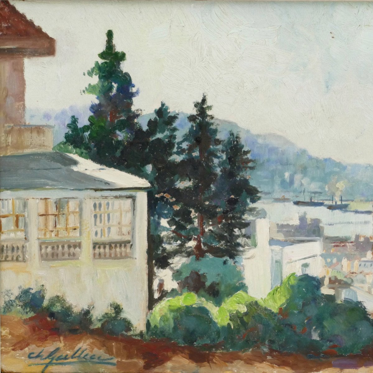 “view Of The Bay Of Algiers”, Oil Painting On Cardboard, Mid-20th Century.-photo-4