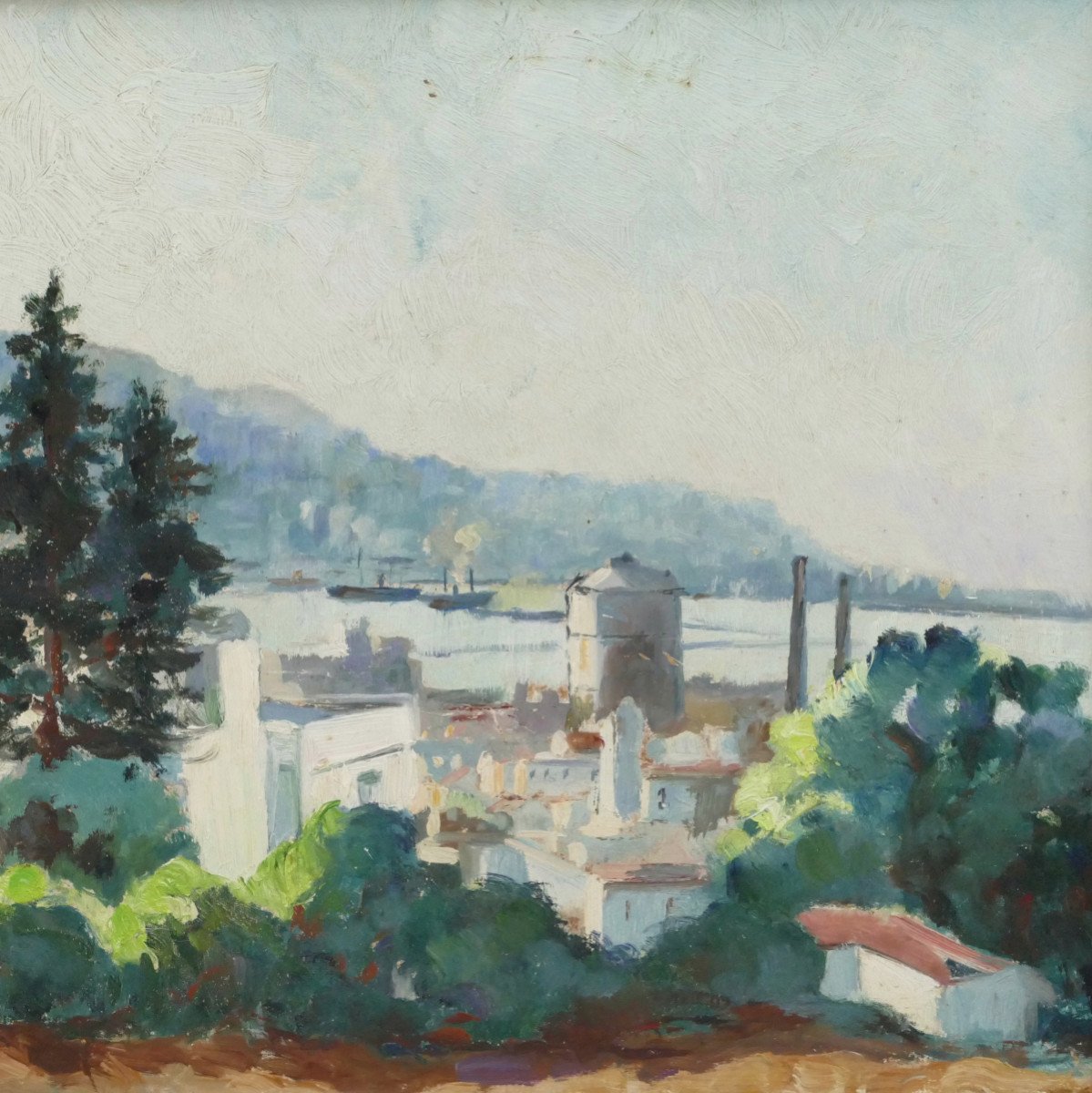 “view Of The Bay Of Algiers”, Oil Painting On Cardboard, Mid-20th Century.-photo-1