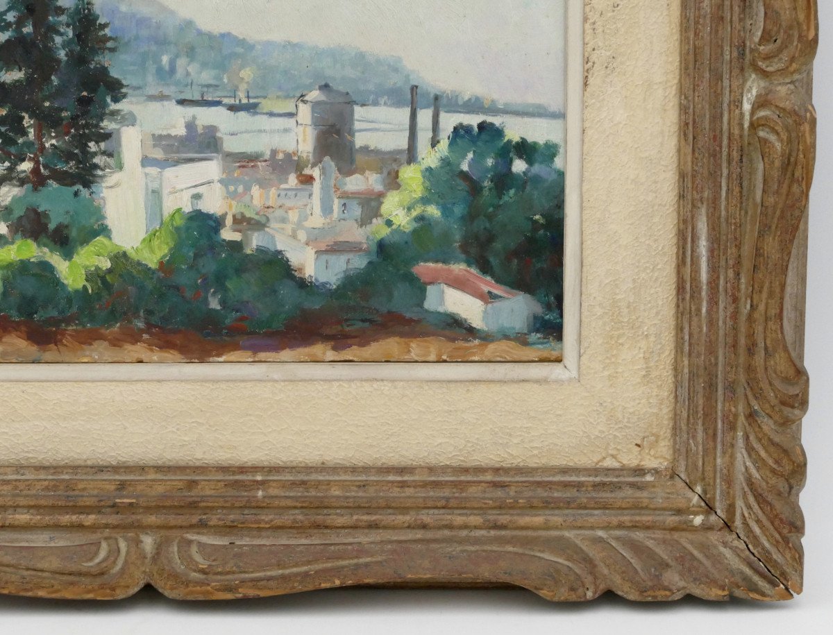 “view Of The Bay Of Algiers”, Oil Painting On Cardboard, Mid-20th Century.-photo-5