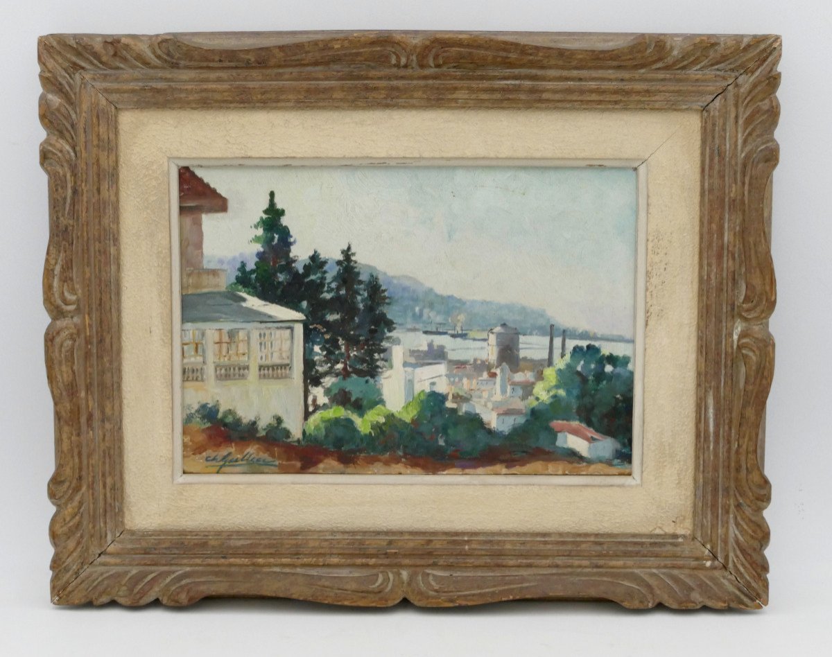 “view Of The Bay Of Algiers”, Oil Painting On Cardboard, Mid-20th Century.