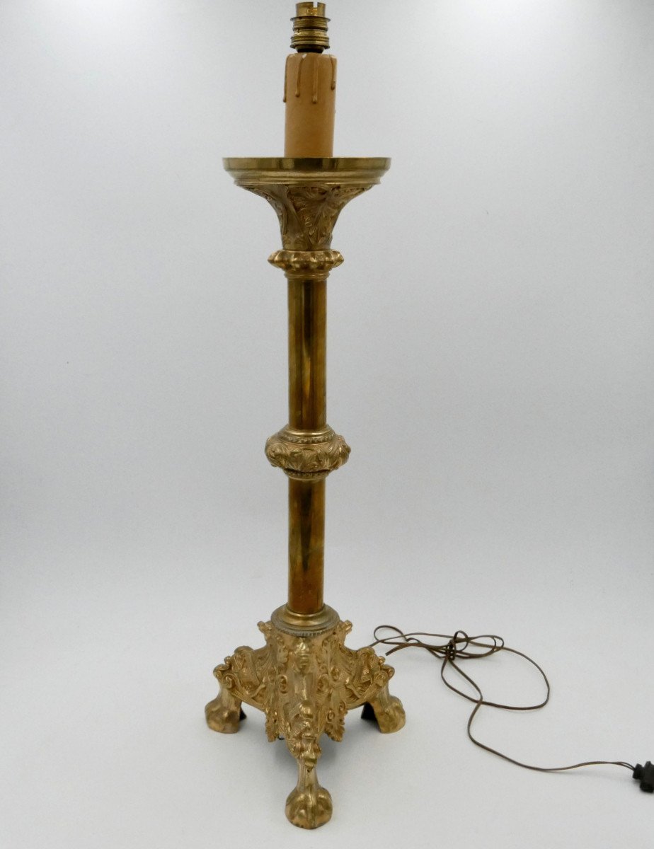 Neo-gothic Candlestick, Bronze And Brass, 19th Century.