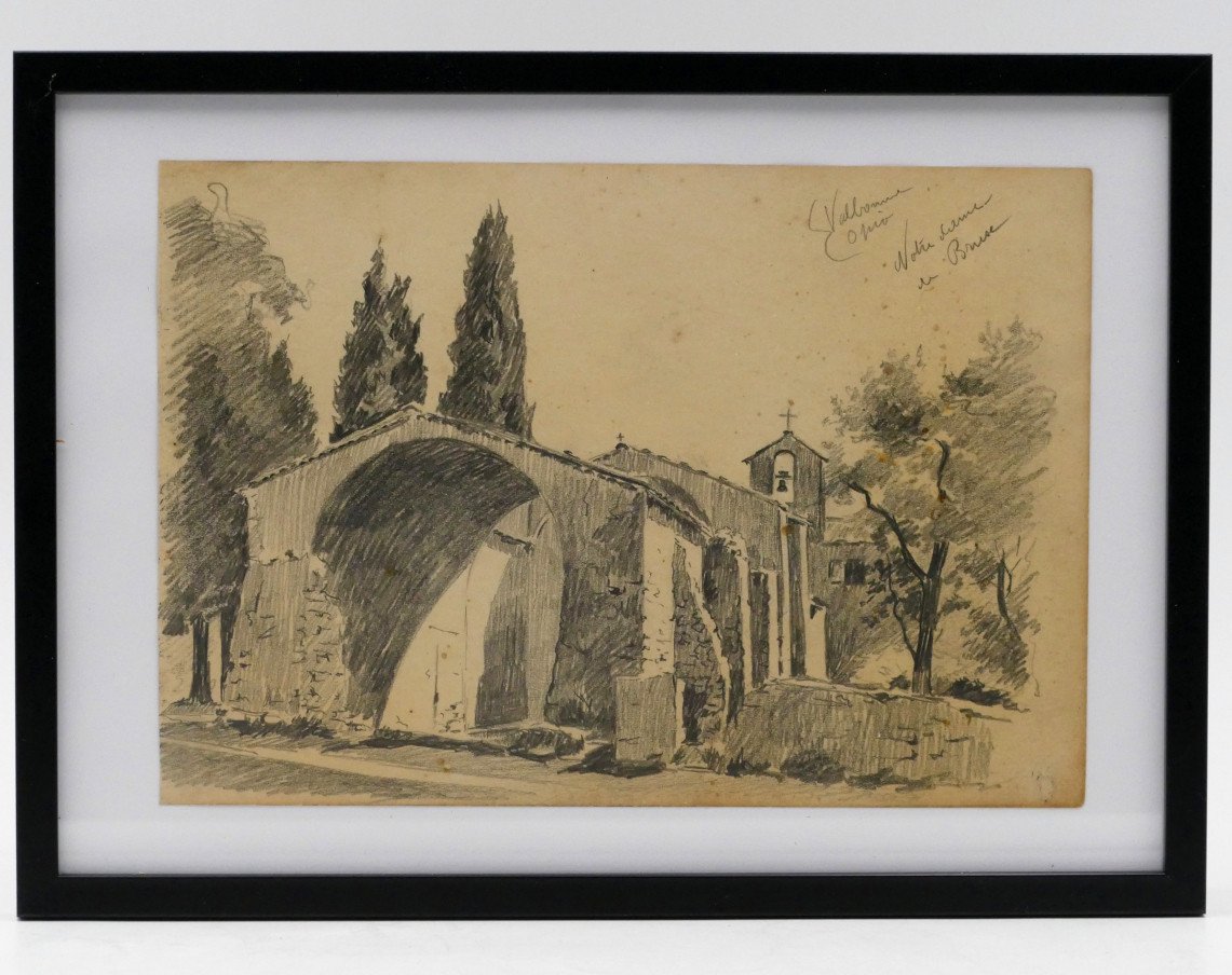 “view Of The Notre-dame Du Brusc Church” (châteauneuf-grasse), Graphite Drawing, Alex Jorio.-photo-2