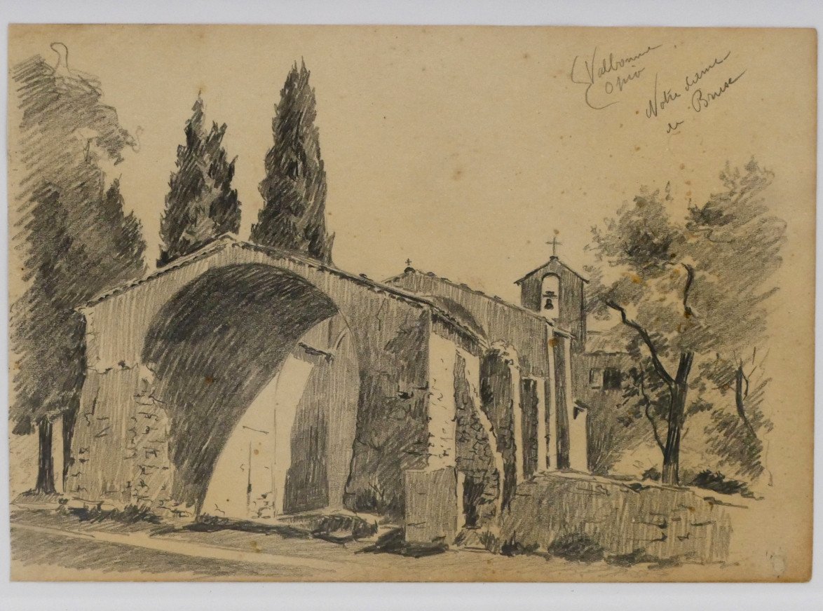 « Vue De église Notre-dame Du Brusc » (châteauneuf-grasse), Dessin Au Graphite, Alex Jorio.