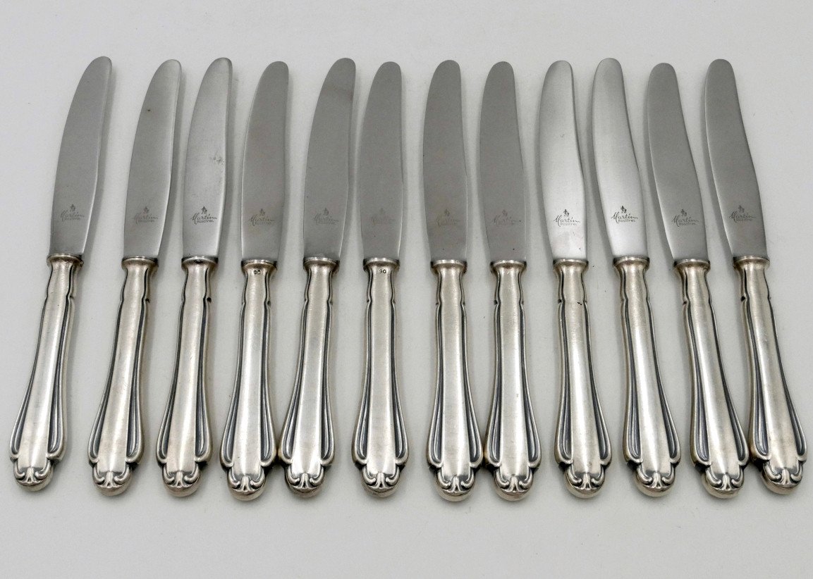 Martin Rostfrei, 12 Couteaux, Manche Plaqué Argent Lame Inox, Vers 1930.-photo-2