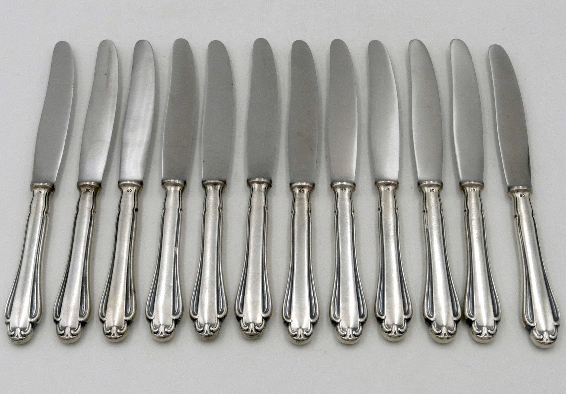 Martin Rostfrei, 12 Couteaux, Manche Plaqué Argent Lame Inox, Vers 1930.-photo-1