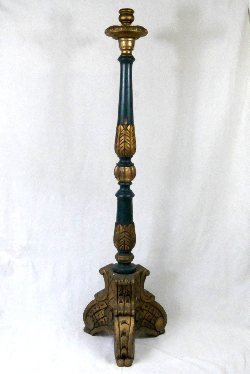 Large Torchère In Wood And Green And Gold Stucco In The Style Of The 18th, Early 20th Century.-photo-2