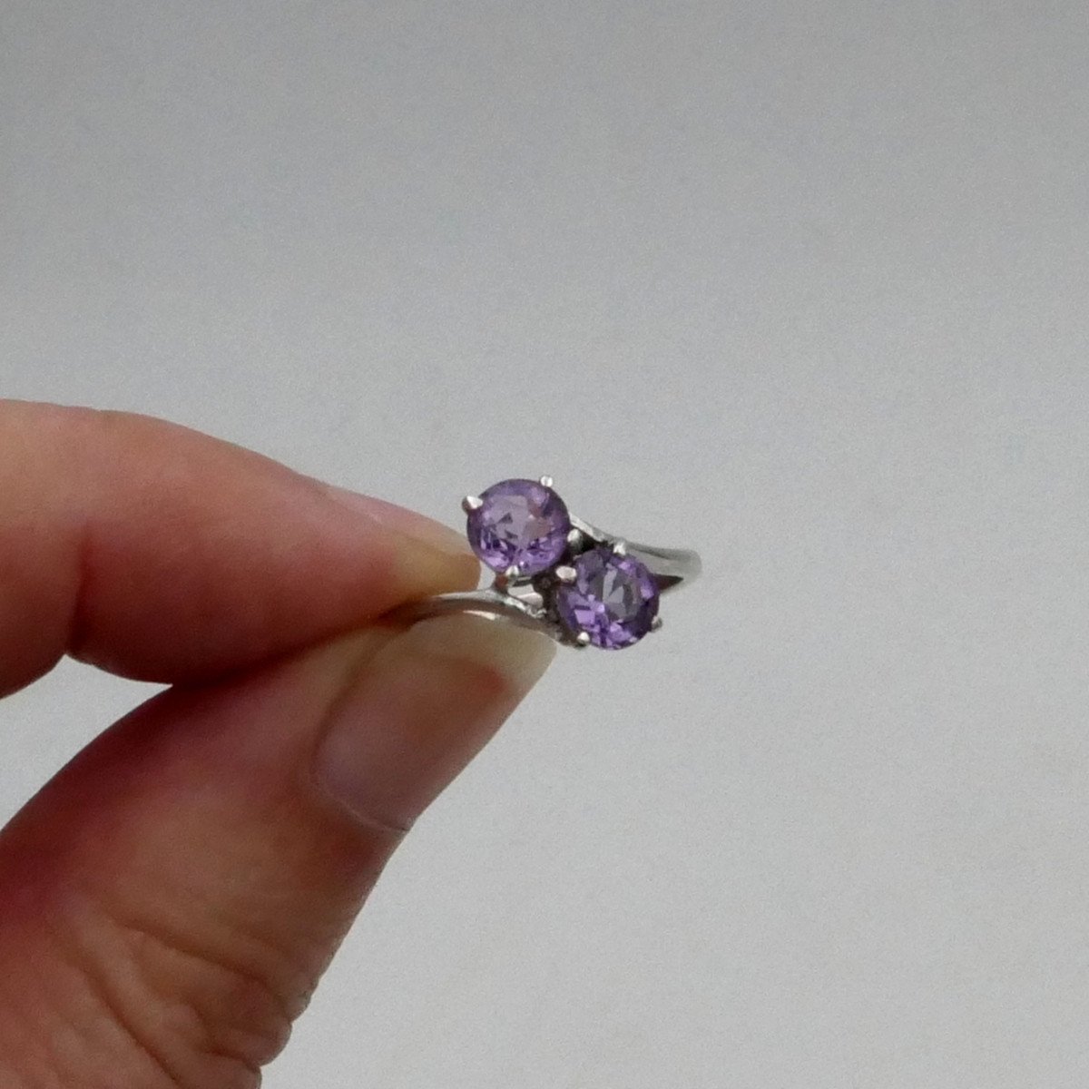 "you And Me" Ring In Amethysts And Solid Silver, Finger Size 55.-photo-3