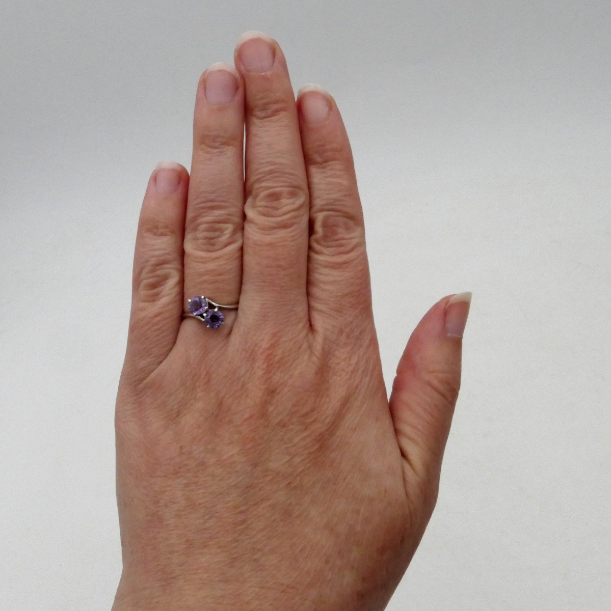 "you And Me" Ring In Amethysts And Solid Silver, Finger Size 55.-photo-4