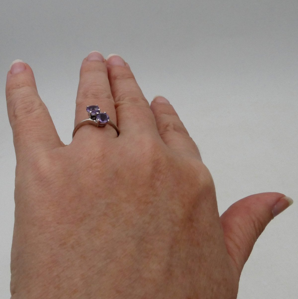 "you And Me" Ring In Amethysts And Solid Silver, Finger Size 55.-photo-5