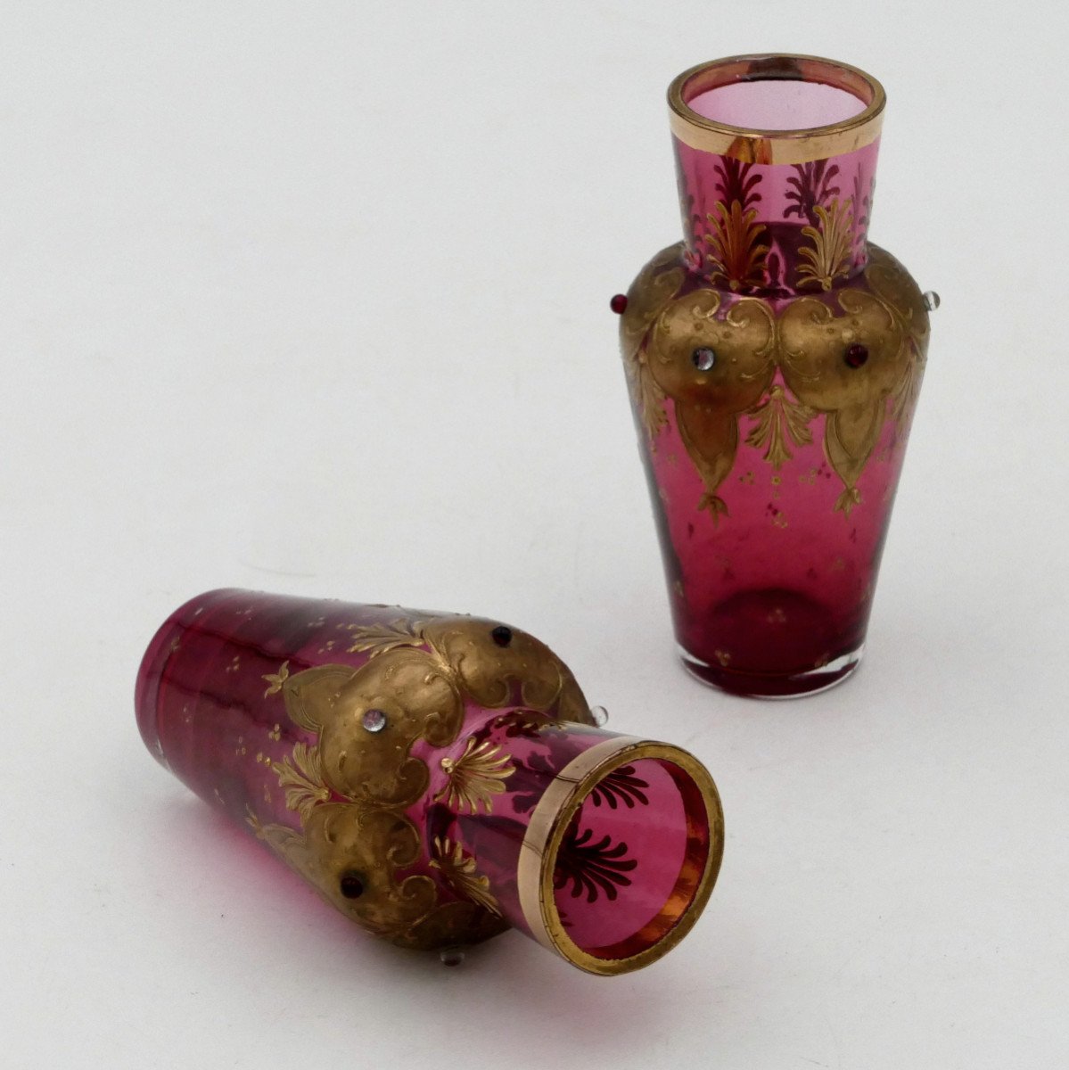 Pair Of Small Orientalist Vases, Gold And Fuchsia, 1900.-photo-2