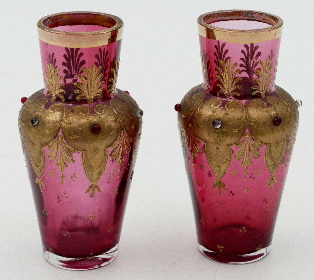 Pair Of Small Orientalist Vases, Gold And Fuchsia, 1900.-photo-3