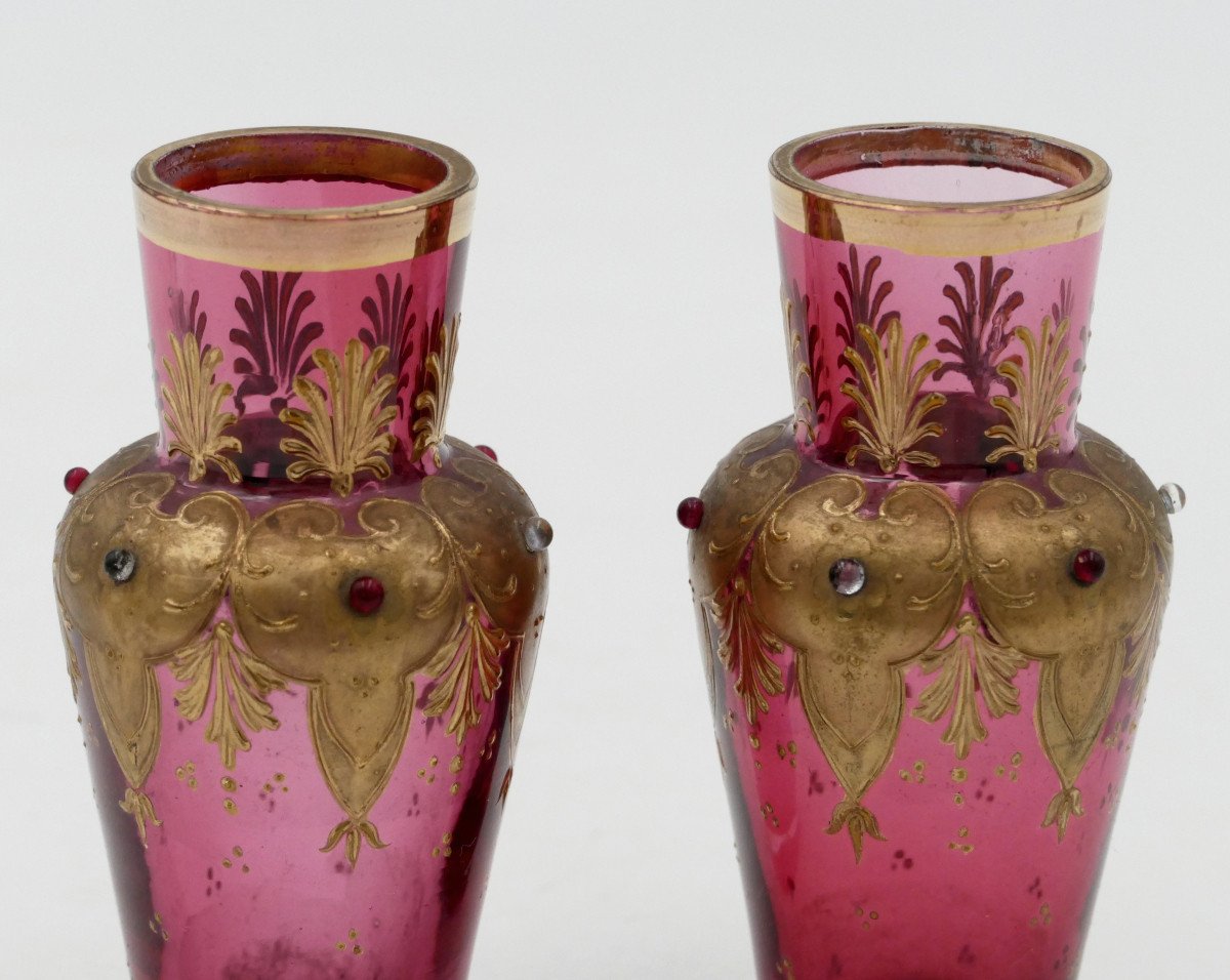 Pair Of Small Orientalist Vases, Gold And Fuchsia, 1900.-photo-4