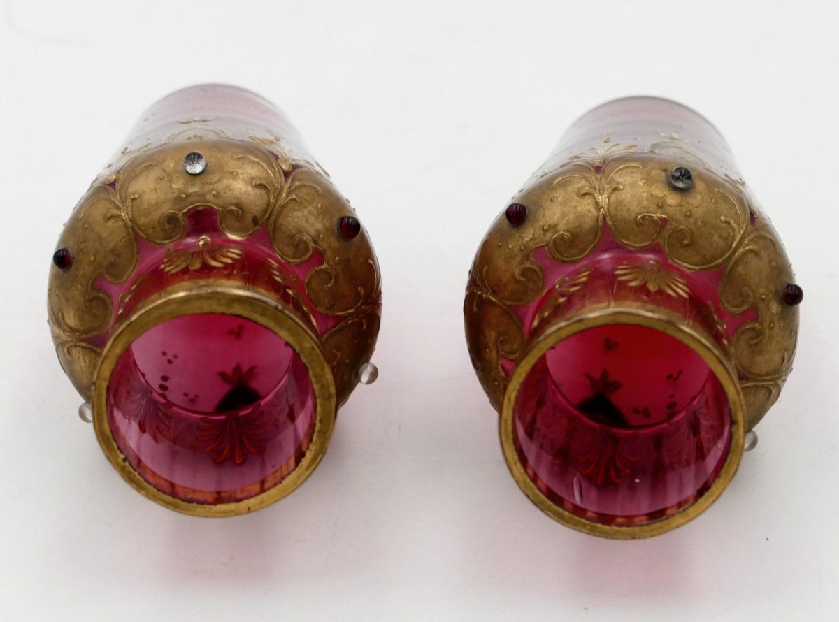 Pair Of Small Orientalist Vases, Gold And Fuchsia, 1900.-photo-1