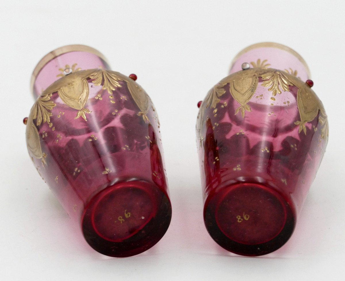 Pair Of Small Orientalist Vases, Gold And Fuchsia, 1900.-photo-2