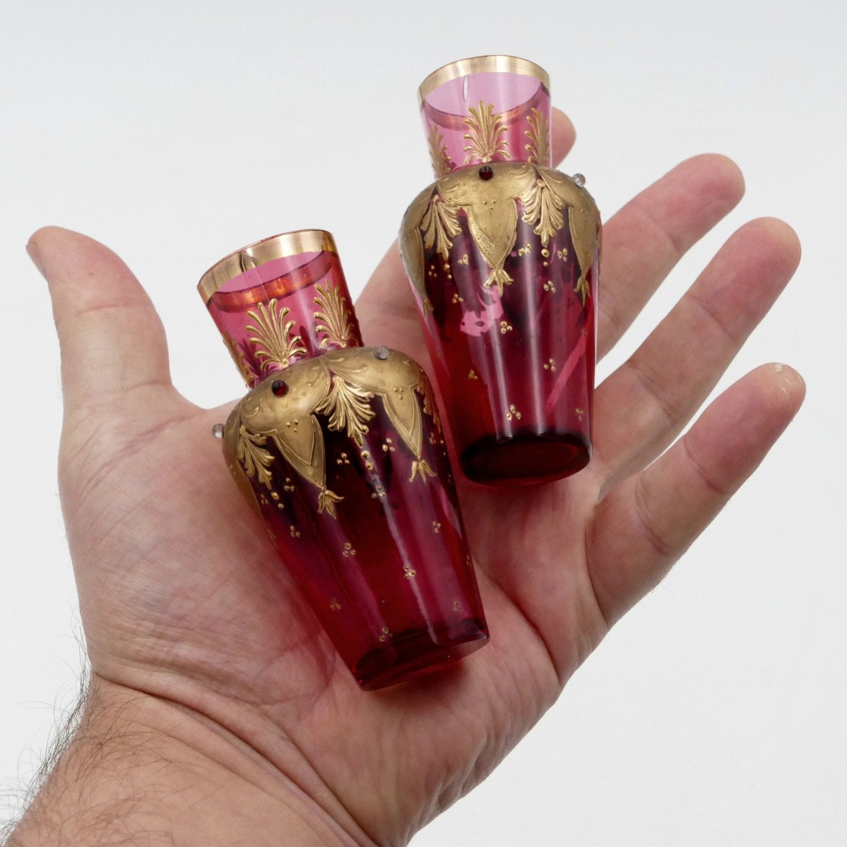 Pair Of Small Orientalist Vases, Gold And Fuchsia, 1900.-photo-6