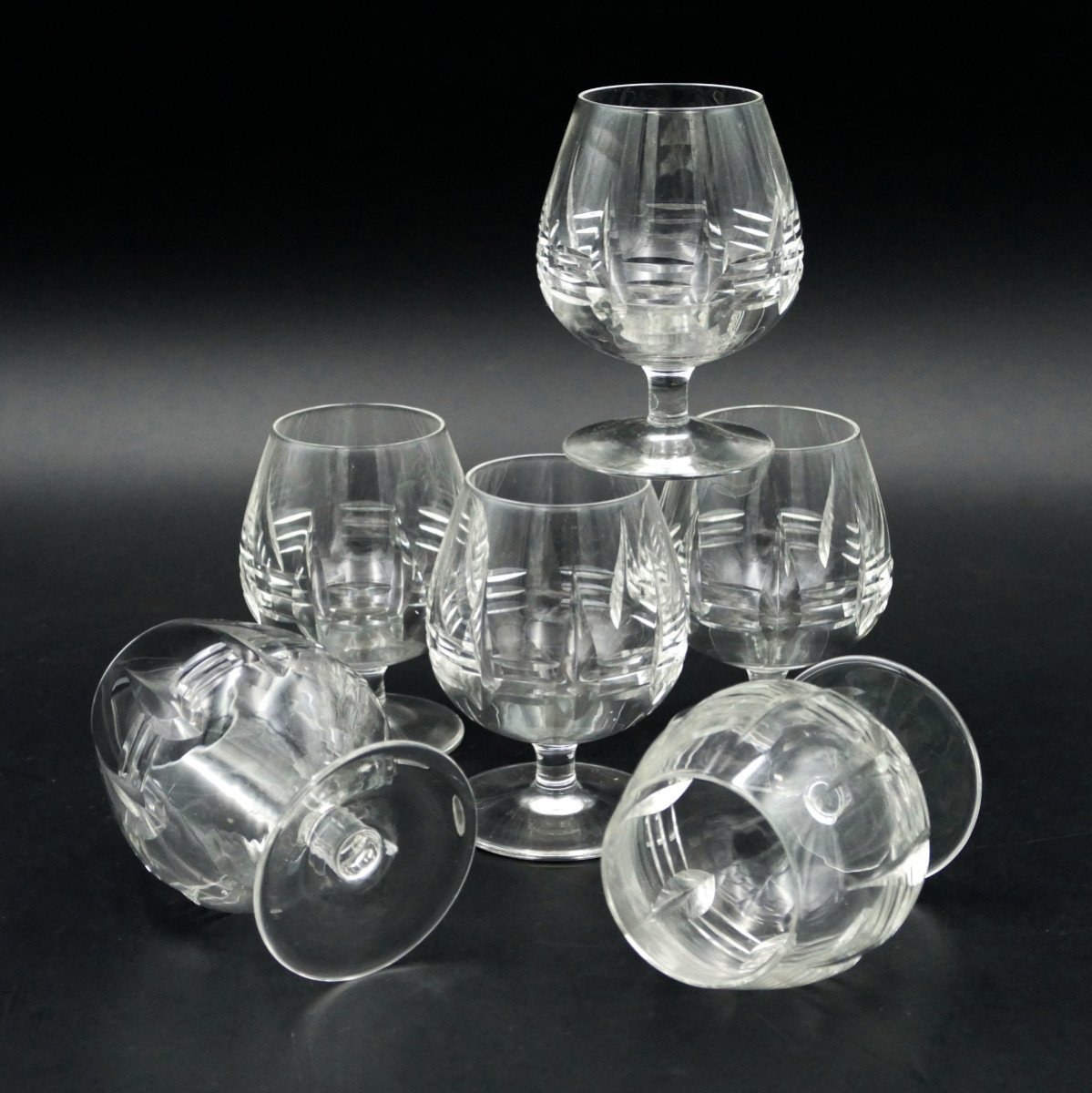 6 Cut Crystal Cognac Glasses, 1950. 