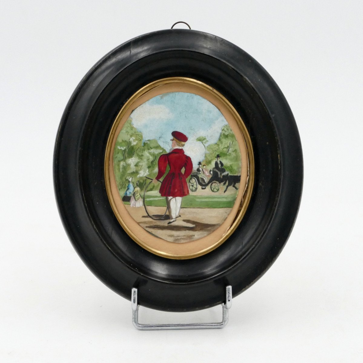 Miniature, “little Boy With Hoop”, Late 19th Century.